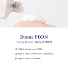 Product application with Biome PDRN text and features on a white background