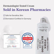 Dermatologist-tested cream bottle with certification logos on a white background