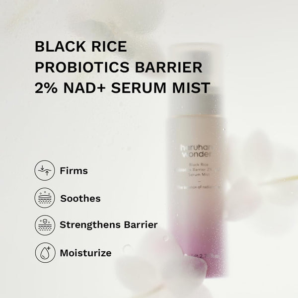 Haruharu Wonder Black Rice Probiotics Barrier NAD+ Serum Mist with text about black rice probiotics barrier 2% NAD+ serum mist on a light background.