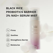 Haruharu Wonder Black Rice Probiotics Barrier NAD+ Serum Mist with text about black rice probiotics barrier 2% NAD+ serum mist on a light background.