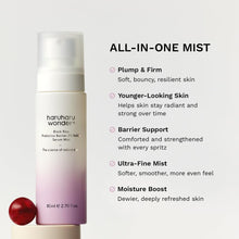 Haruharu Wonder serum mist bottle with product features on a light gray background