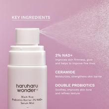 Haruharu Wonder Black Rice Probiotics Barrier NAD+ Serum Mist with key ingredients listed on a pink background