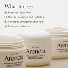 Arencia rice mucin glow serum jars with text highlighting benefits on a light background