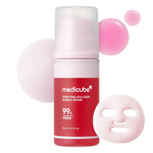 Medicube Pink Collagen Bubble Serum with pink bubbles and sheet mask on a white background