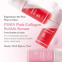 Pink collagen bubble serum with text on a white background