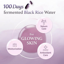 Advertisement for 100 Days fermented Black Rice Water with benefits for glowing skin on a light purple background.