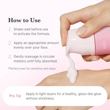 Hand applying skincare product with text on how to use it