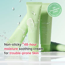 Two green tubes of cream with water droplets on a light blue background, labeled as non-sticky 48-hour moisture soothing cream for trouble-prone skin.