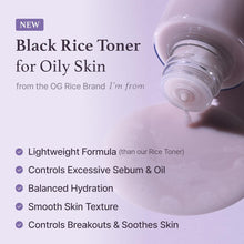 Im From Black Rice Toner for Oily Skin with product being dispensed, on a light purple background.