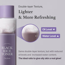 Black Rice Toner bottle with text about double-layer texture, oil level, and water level on a gray background.