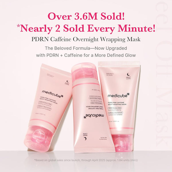 Three pink packaging of medicube PDRN Caffeine Overnight Wrapping Mask on a white background with promotional text.