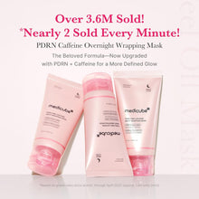 Three pink packaging of medicube PDRN Caffeine Overnight Wrapping Mask on a white background with promotional text.