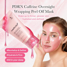 Woman with a pink face mask applying a PDRN Caffeine Overnight Wrapping Peel Off Mask.