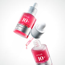Two bottles of Anua 10+ serum with droppers on a white background