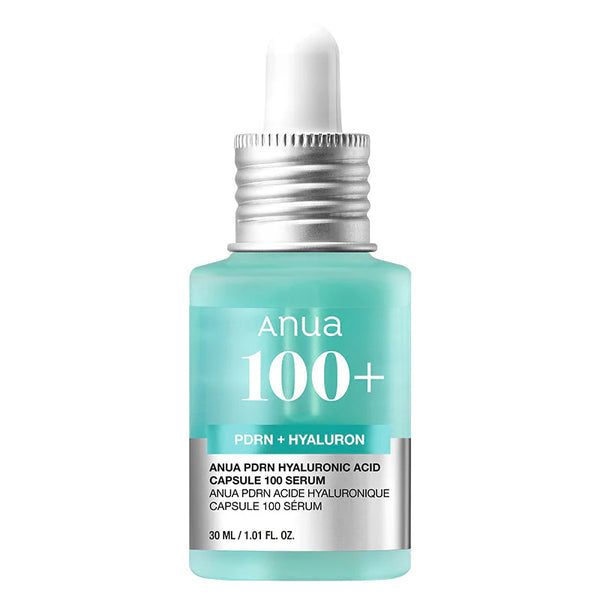 Anua 100+ serum bottle on a white background