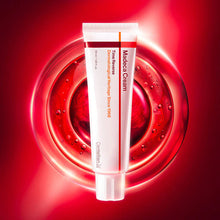 Tube of Madeca Cream on a red background with water droplets