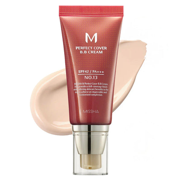 Missha Perfect Cover B.B Cream tube with a swatch on a white background