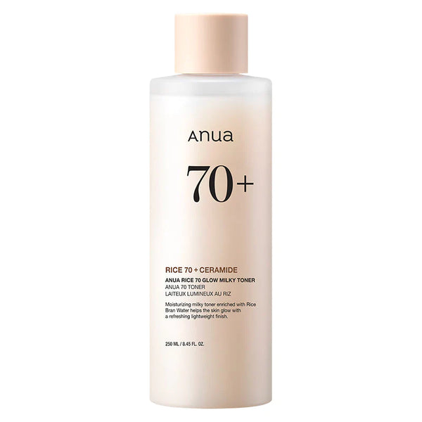 Anua 70+ Rice & Ceramide toner bottle on a white background