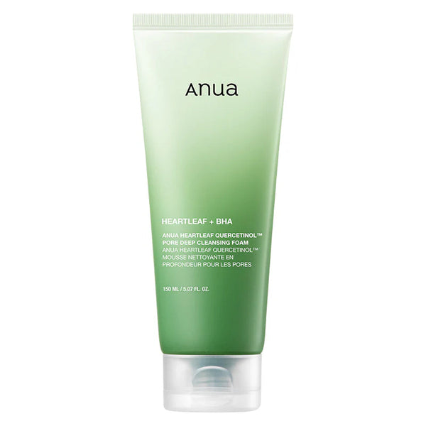 Green tube of Anua Heartleaf + BHA product on a white background