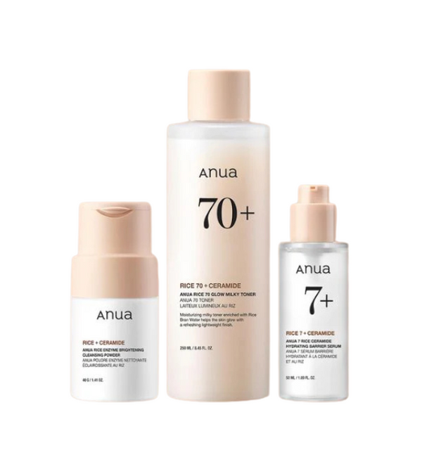 ANUA Rice Trio Brightening Set – Rice Enzyme Powder, Rice Toner & Ceramide Hydrating Serum for Korean glass Skin
