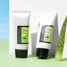 COSRX Aloe Soothing Sun Cream SPF50+ PA+++ – front of the pack: two tubes beside aloe leaf | Korean Skincare Pakistan