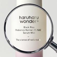 Haruharu Wonder Black Rice Probiotics Barrier NAD+ Serum Mist 80ml – magnifying glass over bottle label | Korean Skincare…