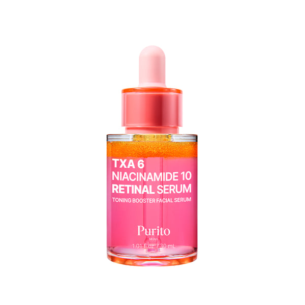 Pink serum bottle with dropper labeled 'TXA 6 Niacinamide 10 Retinal Serum' by Purito on a white background