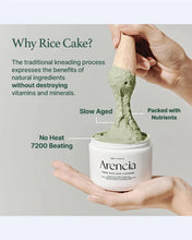 Arencia rice cake cleanser with text explaining benefits on a light gray background