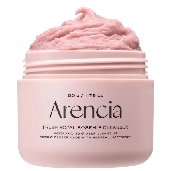 Pink jar of Arencia Fresh Royal Rosehip Cleanser with pink cream on a white background