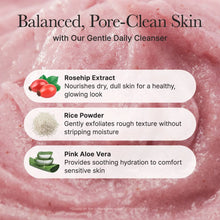 Product advertisement for a gentle daily cleanser with ingredients like Rosehip Extract, Rice Powder, and Pink Aloe Vera on a pink background.