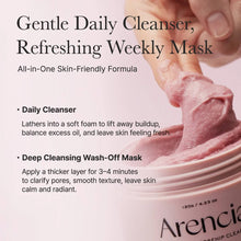 Arencia skincare product with pink foam being scooped out, text describing daily cleanser and weekly mask.