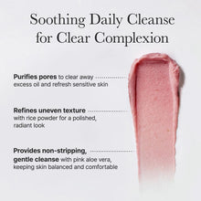 Product swatch with text about soothing daily cleanse for clear complexion on a white background