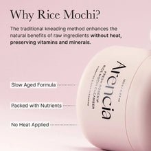 Arenicia rice mochi product with text explaining its benefits on a pink background